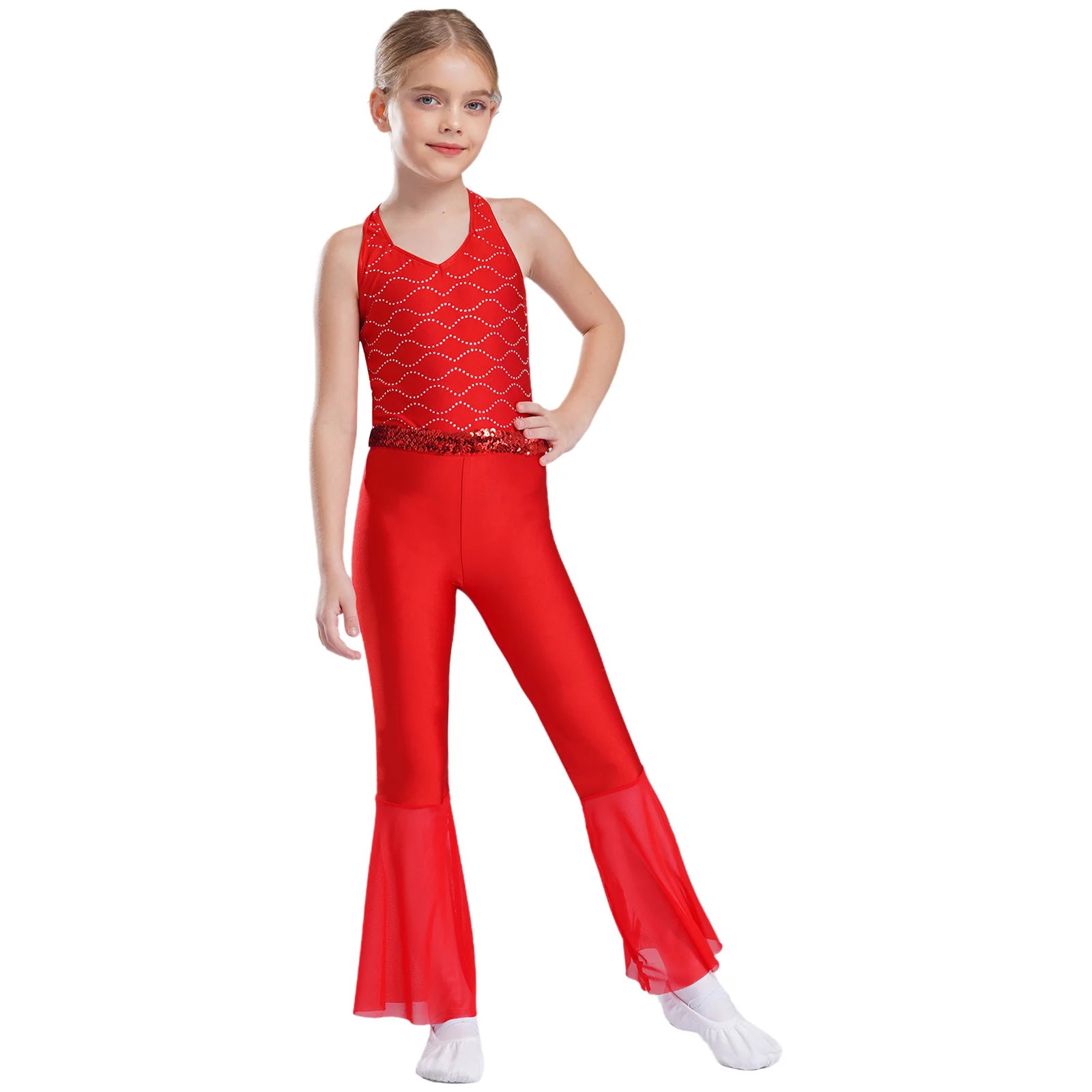 

Kids Girls Retro 80s Disco Dance Jumpsuit Sheer Mesh Bell-Bottom Halter Full Body Leotard Bodysuit for Jazz Latin Modern Dancing