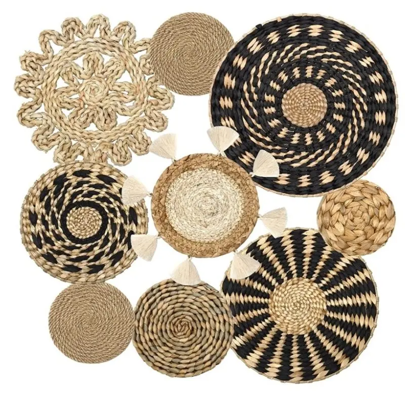 Round Basket For Living Room Woven Wicker Boho Wall Basket Decor Set Of 9 Hanging Rustic Home Decoration