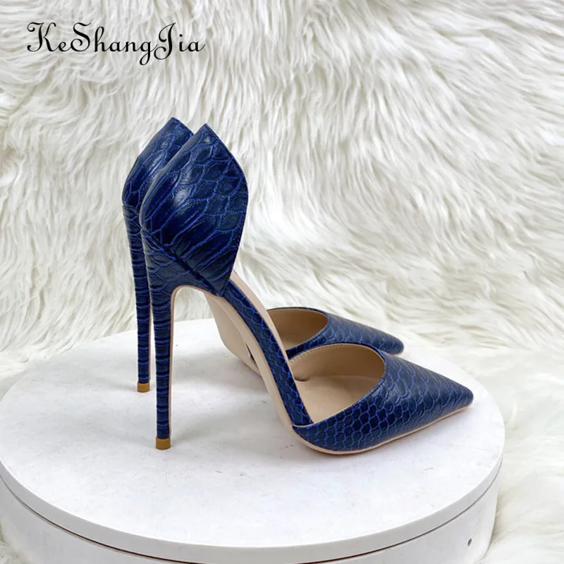 Ke Shang Jia  Navy Blue Crocodile Effect Pattern Women Sext Pointy Toe High Heel Shoes Chic Ladies Slip On Stiletto Pumps 33-45