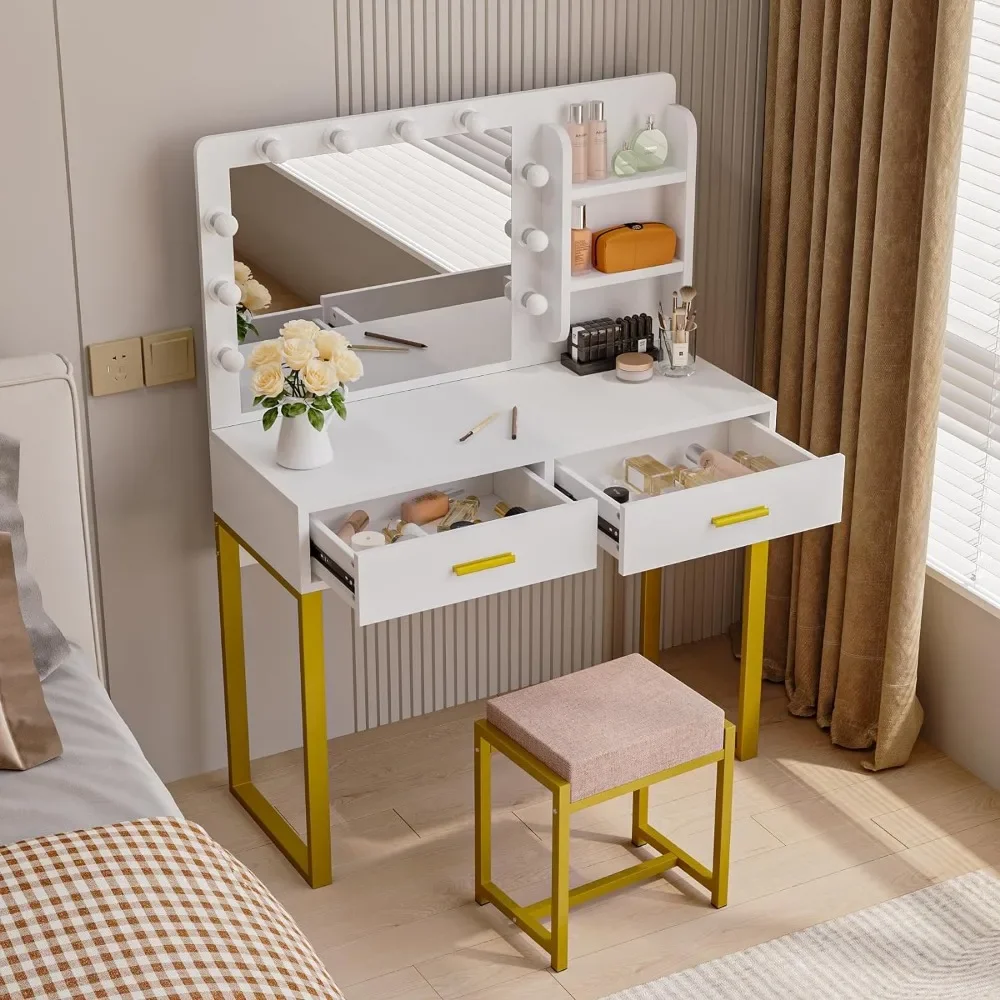 Bureau de courtoisie avec miroir et 10 lumières LED, bureau de maquillage 39.4 pouces W avec 2 grandes égouts de proximité et étagères latérales pour le rangement, élasthanne pour fille