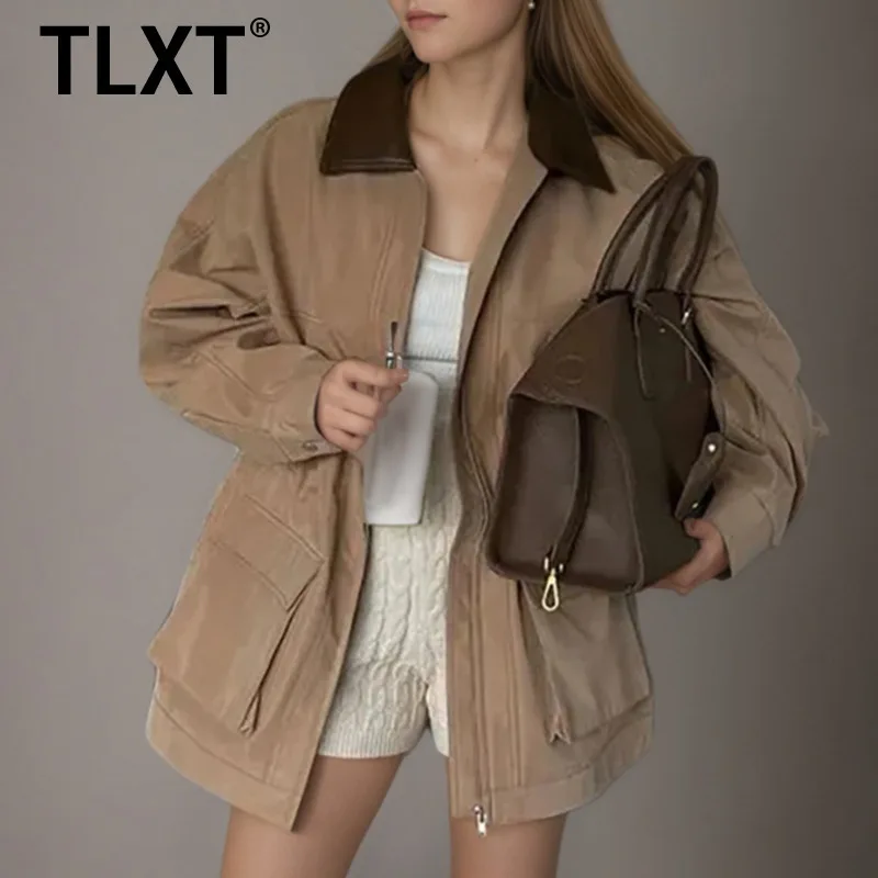

TLXT Fashion Women's Khaki PU Leather Lapel Patchwork Jacket Loose Zipper Drawstring Waist Pockets Jackets Autumn New XK1461