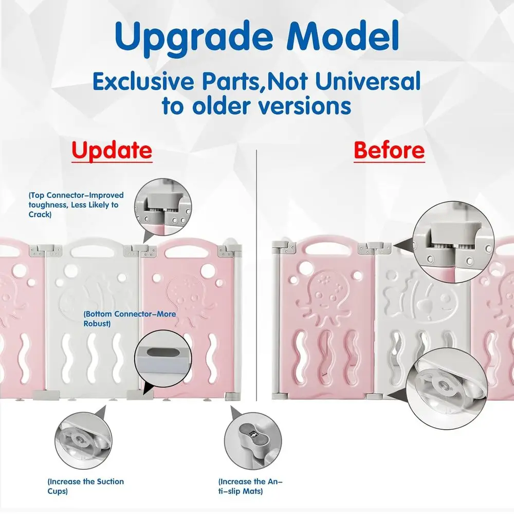 روضة أطفال محمولة مكونة من 14 لوحة مع لوحة ألعاب، بوابة أمان، قابلة للتعديل للأطفال في الداخل/الخارج (وردي وأبيض) #4