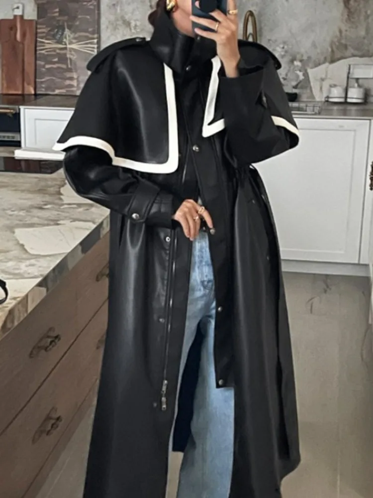 High-end cor blo casaco de couro do plutônio feminino longo sobre o joelho inverno novo sle commute padrão jaet fem outerwear