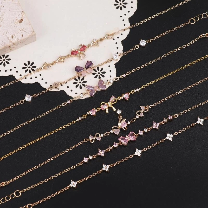 Y2K Exquisite Sweet Pink Zircon Bowknot Love Heart Chain Bracelet For Women Girls Party Jewelry Gift Accessories