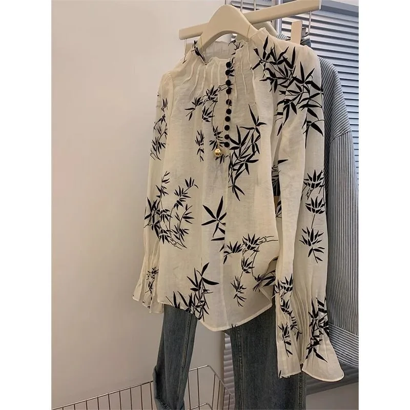 여성 봄 여름 중국 스타일 버튼 솔리드 컬러 오-넥 여성 의류 Tshirt 우아한 단순 쉬폰 긴 소매 탑