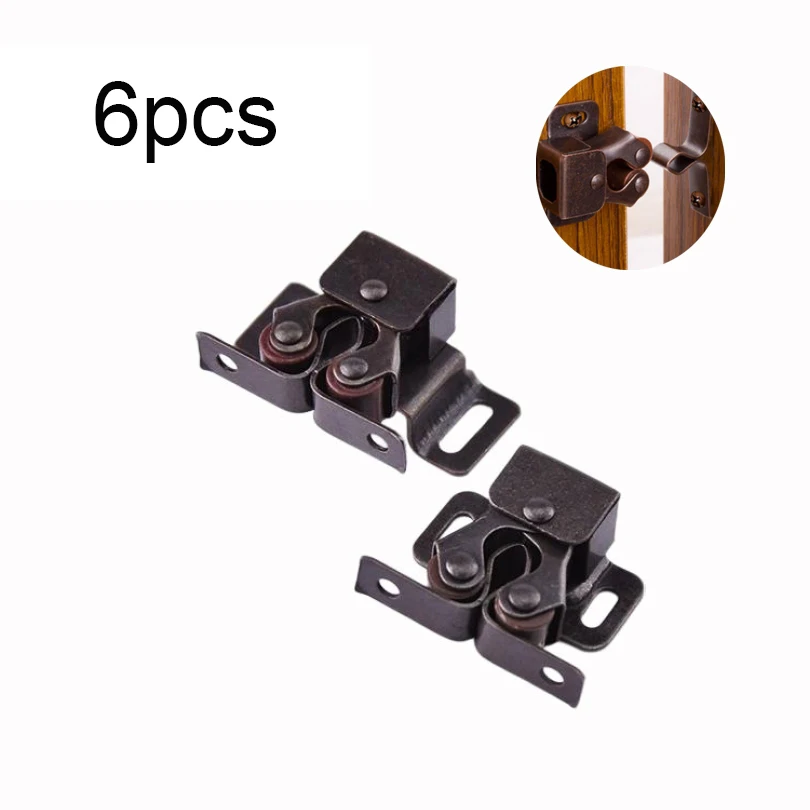 6Pcs Kastdeur Dubbele Roller Vangst Bal Klink Met Prong Koper Tone Lente Lock Gesp Voor Thuis Kast Kast