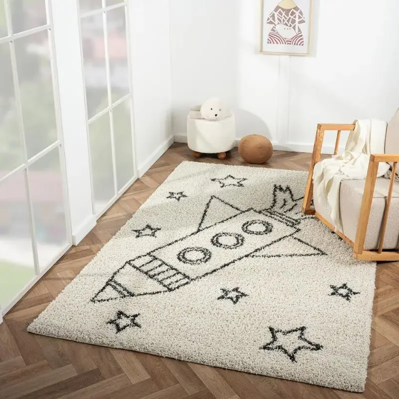 Rocket Plush Bedroom Rug For Kids，Soft Kids Rugs，Fluffy Carpet For Living Room，White Hairy Nursery Play Mats For Children