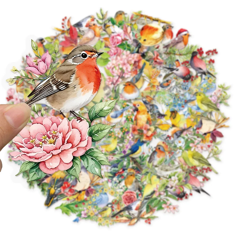 50PCS Water Splash Watercolor Bird Sticker Pack Waterproof Transparent PET Brochure Flower Material Guitar Waterproof Stickers