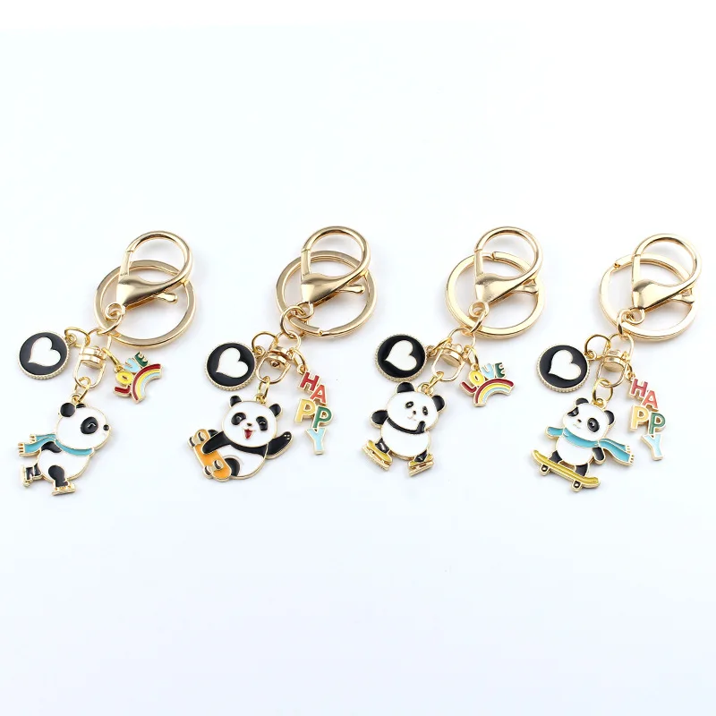 1pc Funny Cartoon Sports Skating Panda Keychains Key Ring For Women Men Kawaii Straw Hat Panda Bag Keychain Accessories Jewelry