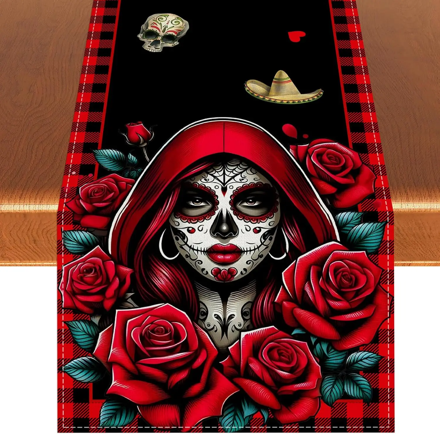 Mexican Day of The Dead Linen Table Runner Home Decor Dia De Los Muertos Sugar Skull Rose Plaid Table Runners Fiesta Party Decor