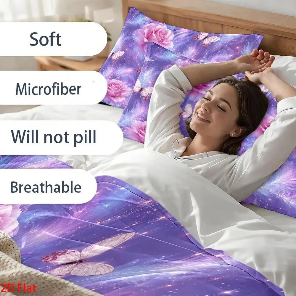 3Pc Dreamy Pink Rose Butterfly Feather Print Quilt Cover Set, Three-Piece Bedding Set (1*Quilt Cover + 2*Pillowcases), Skin-Friendly Breathable Polyester Woven Bedding, Light Luxury Bedroom Decoration Double Bedding, Suitable for All Seasons, Soft and Comfortable, Easy to Clean and Durable, Invisible Zipper Anti-Wrinkle, Machine Washable, Suitable for Home, Dormitory, Master Bedroom, Guest Room, Nordic Style Cozy Home Decor, Student Dormitory Bed Cover Set, Quilted Duvet Cover Modern Simple Large Bed Cover 2