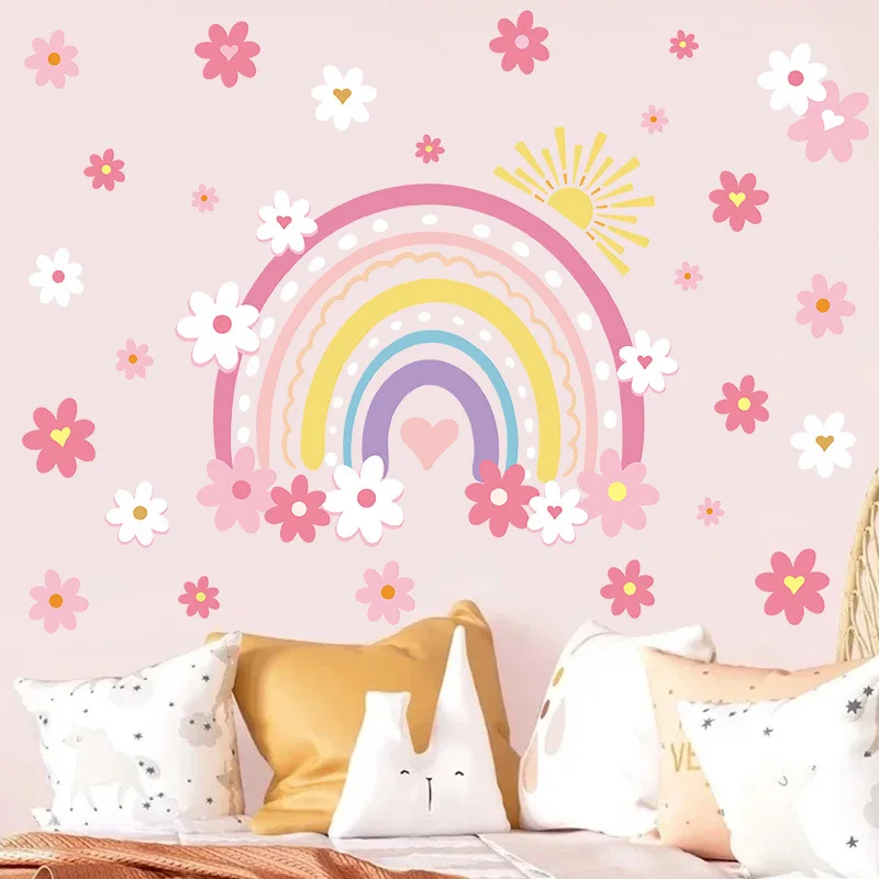 

Pink Floral Rainbow Sun Wall Stickers For Girls Room Decor Wallpaper Self-adhesive PVC Vinyl Murals Nusery Decals Nordic Poster