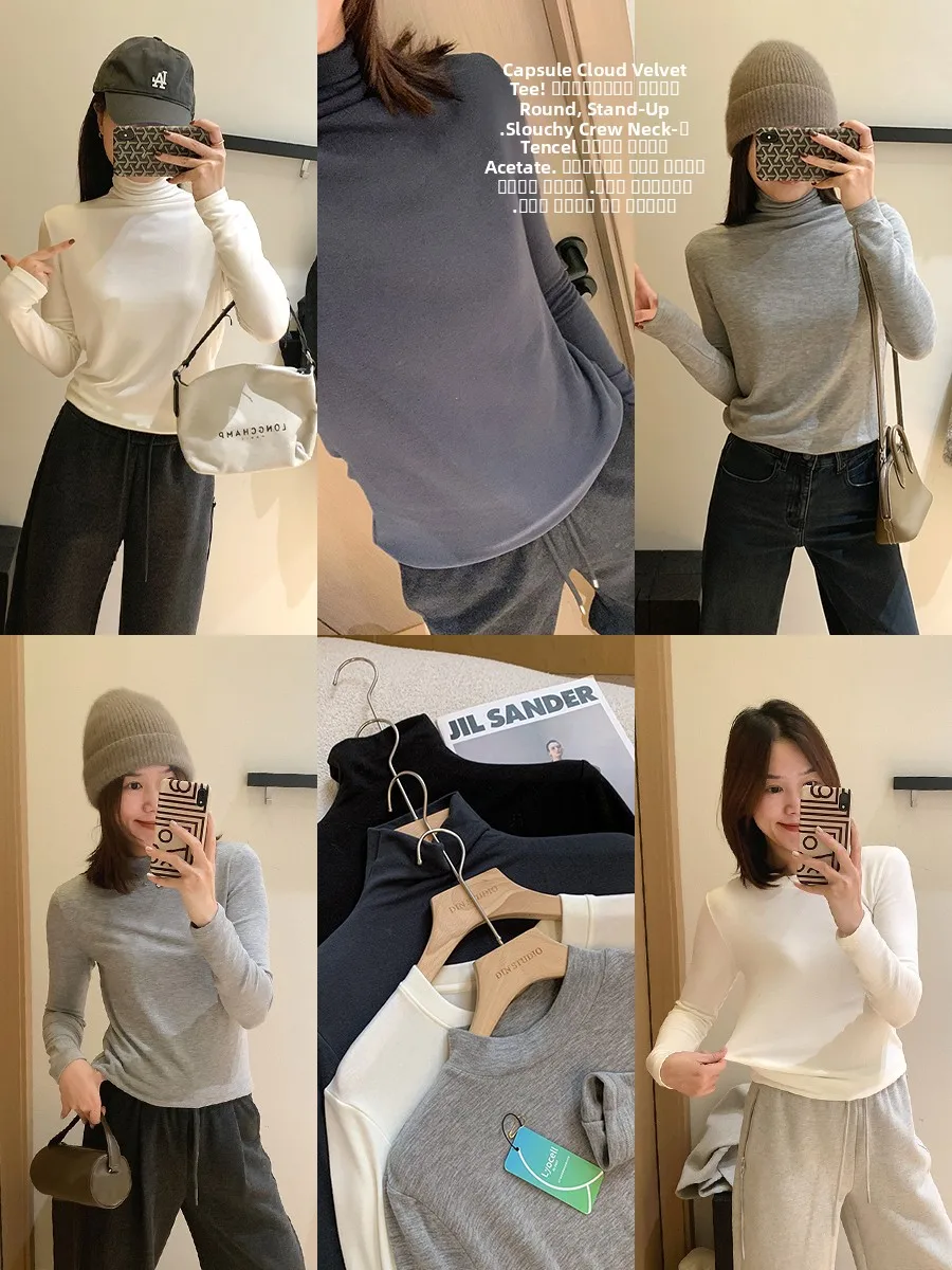 

Cloud Velvet T-irt Multi-Collar pe Acetate Wool Base irt Slim Fit Casual Sle Ladies' Top oulder Width Regular