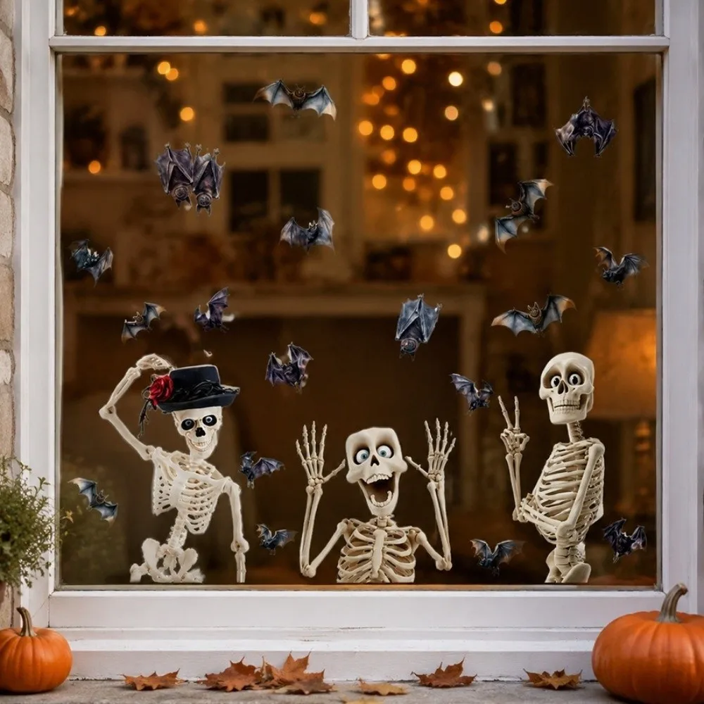 4Pcs Removable Halloween Skeleton Window Stickers Non-Adhesive PVC Static Window Decals Spooky Transparent Print