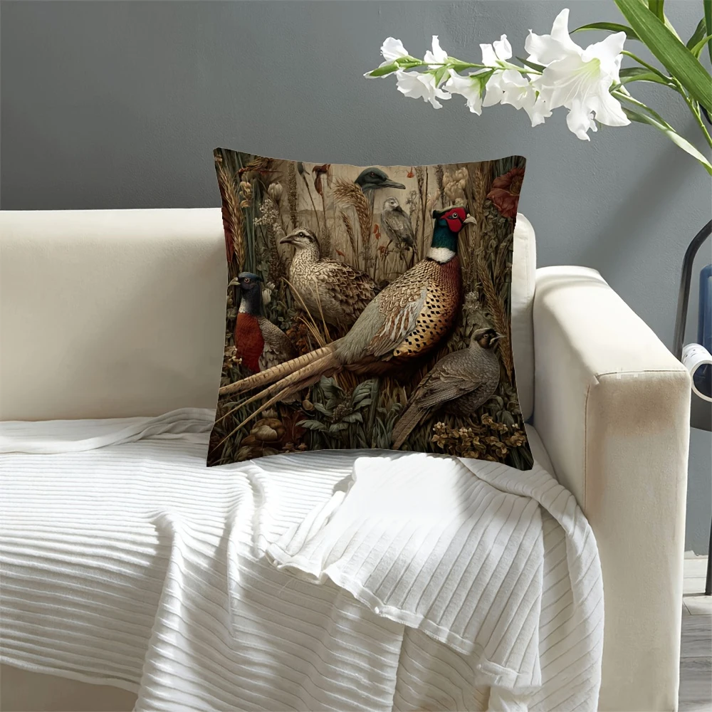 2D flat- Vintage Rustic Wild Pheasant Forest Botanical Throw Pillow Cover Farmhouse Countryside Wildlife Cushion Case