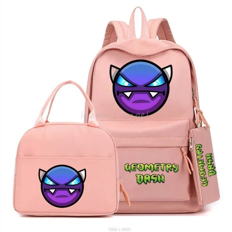 New Geometry Dash Backpack 3Pcs Set Funny Cartoon Game School Bags Girls Boys Primary School Bookbag With Lunch Bag Pen Bag Gift