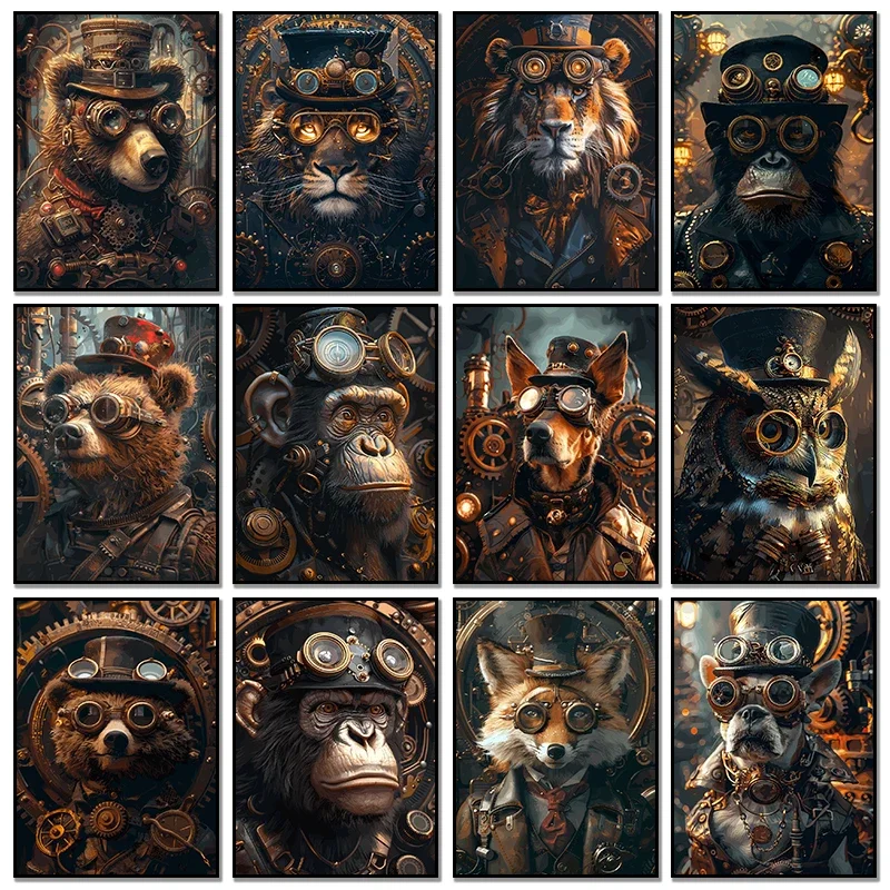 Steampunk Tiger Fox Owl Poster Art Canvas Painting And Prints Retro Funny Animal Tiger Gorilla Poster For Living Room Home De