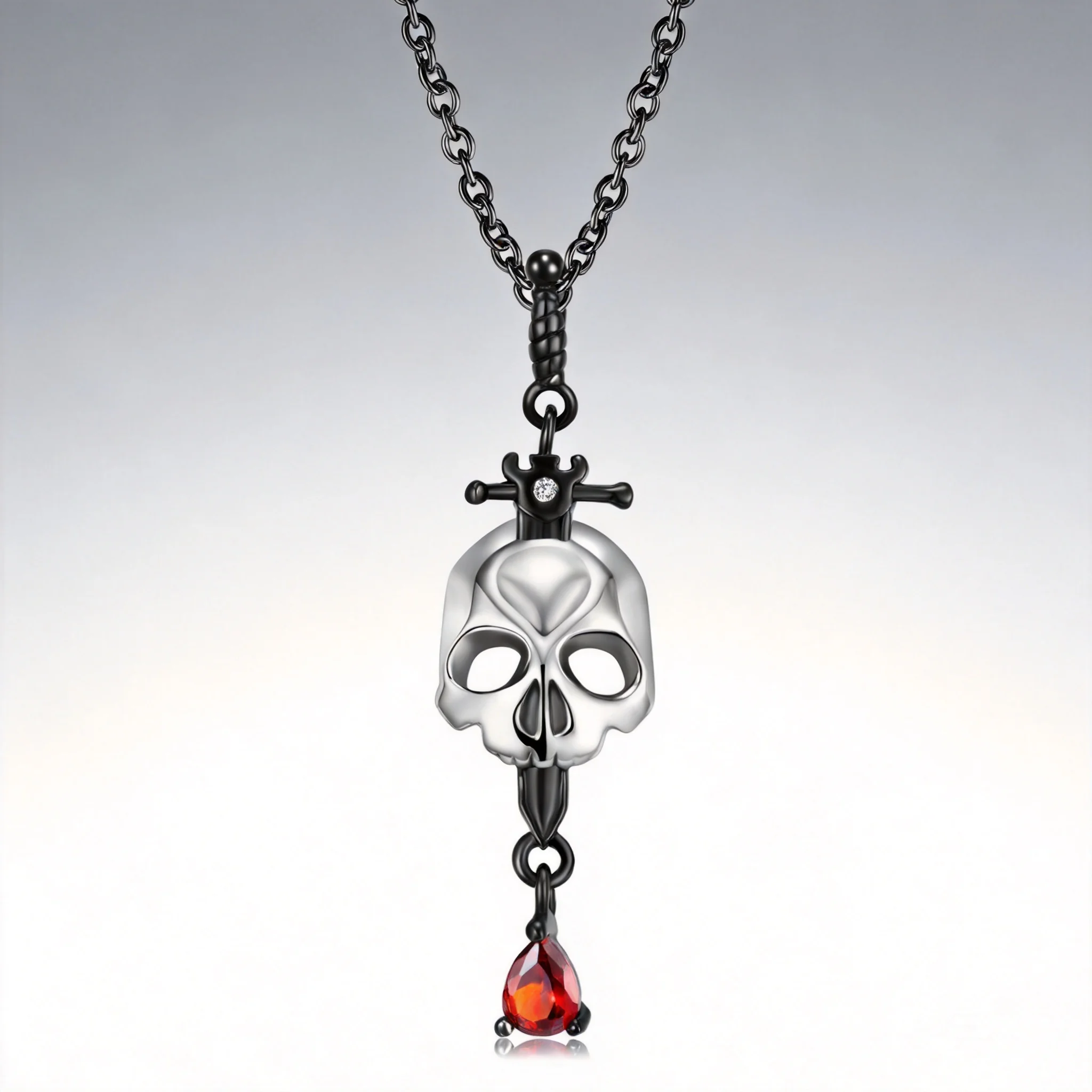 S925 Sterling Silver Dark Gothic Skull Cross Sword Pendant Necklace Lucky Protection Amulet Inlaid Red Zircon Vintage Punk Jewel