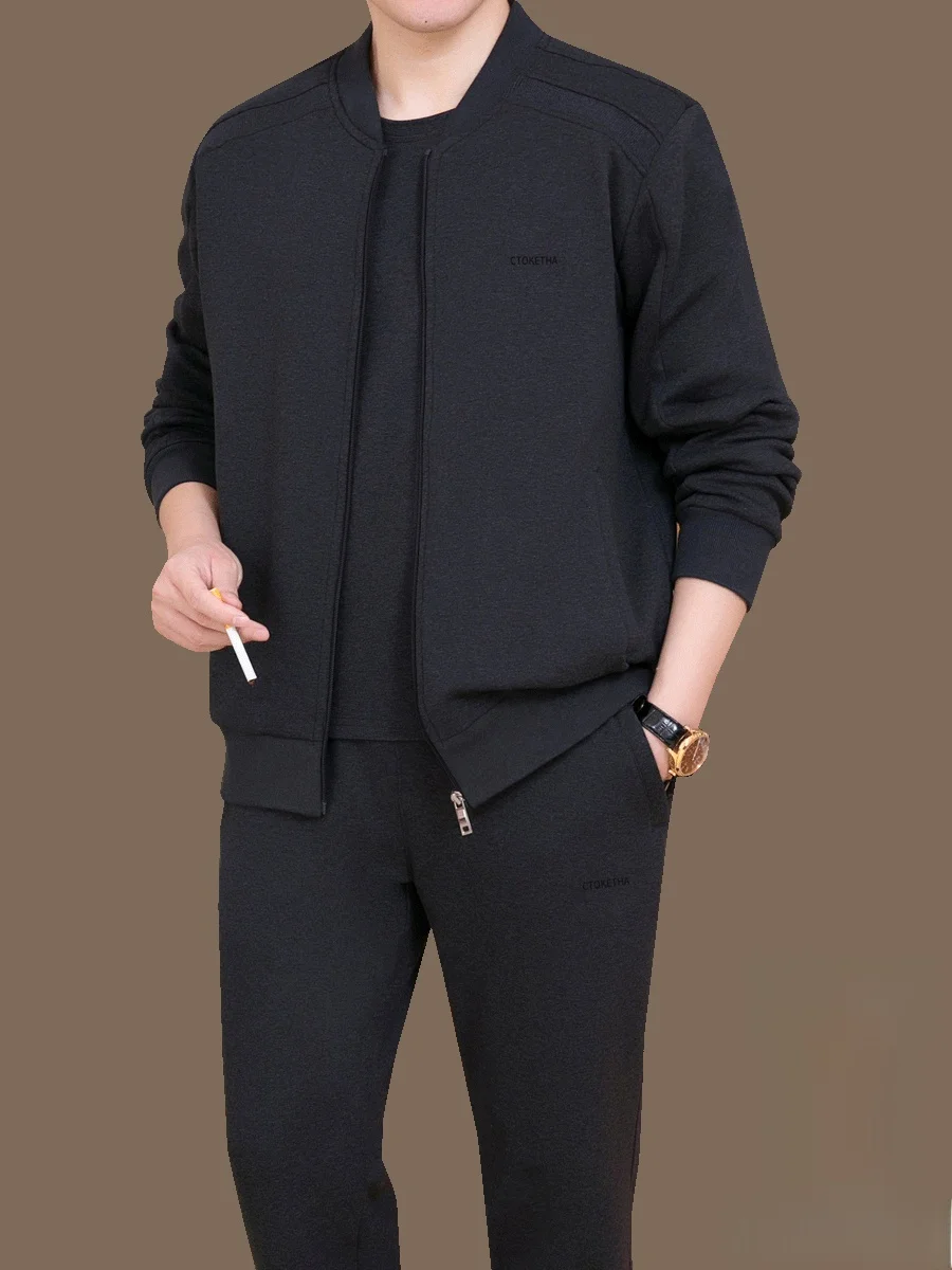 

Men's Casual Sportswear Set Mid-aged Loose Fit Jaet Sweatirt Pants Tee-piece Autumn Collection Long Sve Active Wear