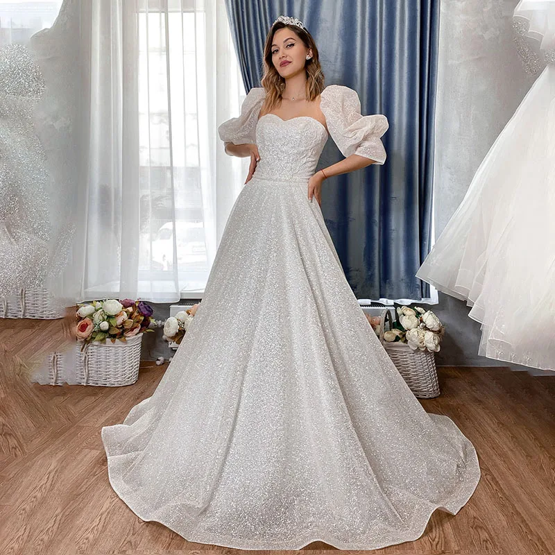 Robe De Mariée trapèze en tissu, magnifique Robe De princesse, manches mi-bouffantes, amovible