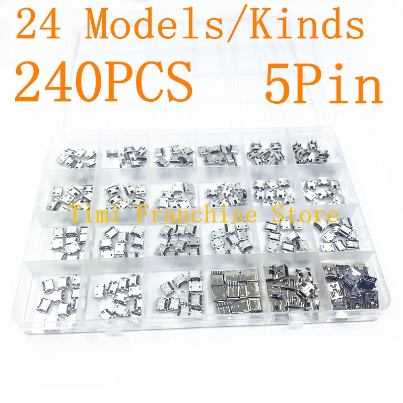 240PCS Box 24 Value 24 Models Micro usb Kit cable 5Pin Jack Connector Socket Usb Connectors Set Kit For MP3 MP4 MP5