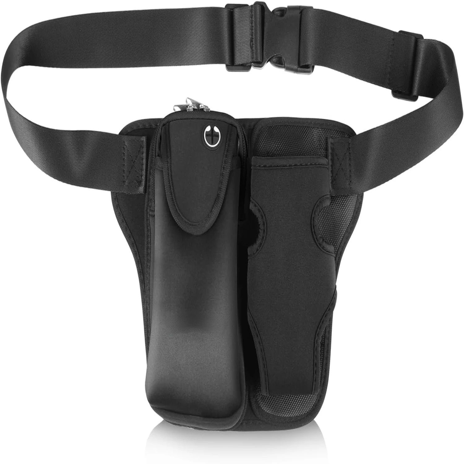 Black Running Belt with Adjustable Strap, Water Bottle Holder, Phone Pocket - Fanny Pack for Men and Women - Fits 6.9