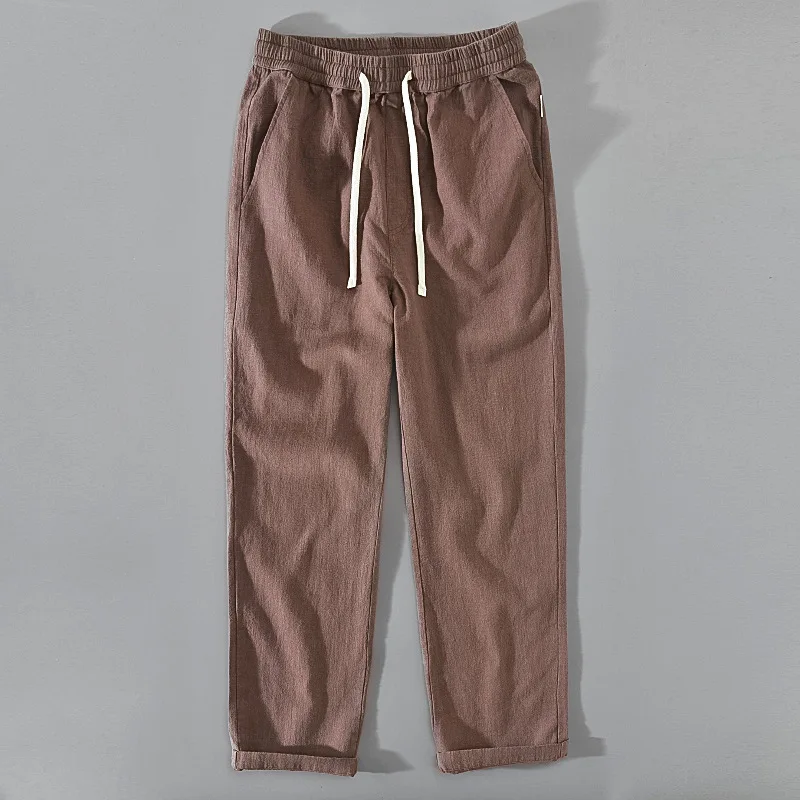 H8225 Spring Autumn Skin Friendly Cotton Linen Trousers For Men Drawstring Simple Solid Color Straight Casual Loose Khaki Pants