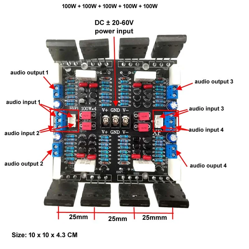 Low Voltage Version 4 Channel DC 10 - 60V 2SC5200+2SA1943 4X100W Stereo 400W Tube HIFI Audio Power Amplifier Board