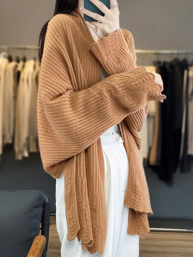 Women\'s Sweater Cardigan Cashmere Shawls Spring Autumn 100% Merino Wool Knitwear Lace Long Sleeve Loose Female Clothing Tops New