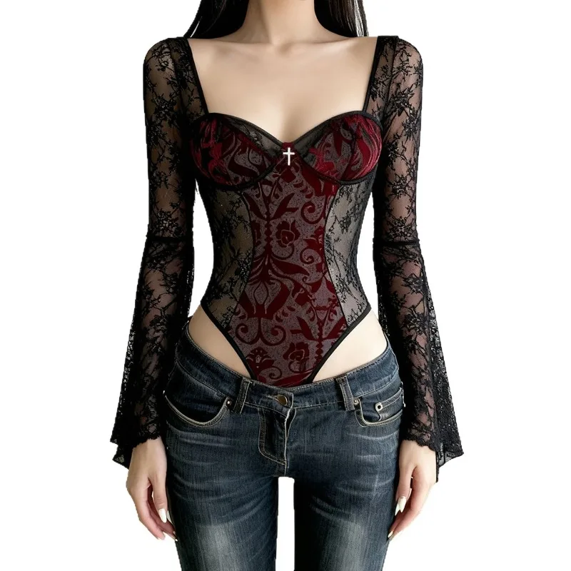 Ins نمط أحمر داكن الدانتيل المرقعة شكل الصدر متوهج بأكمام طويلة بذلة مثير فتاة حار المتناقضة اللون التخسيس تي شيرت #5