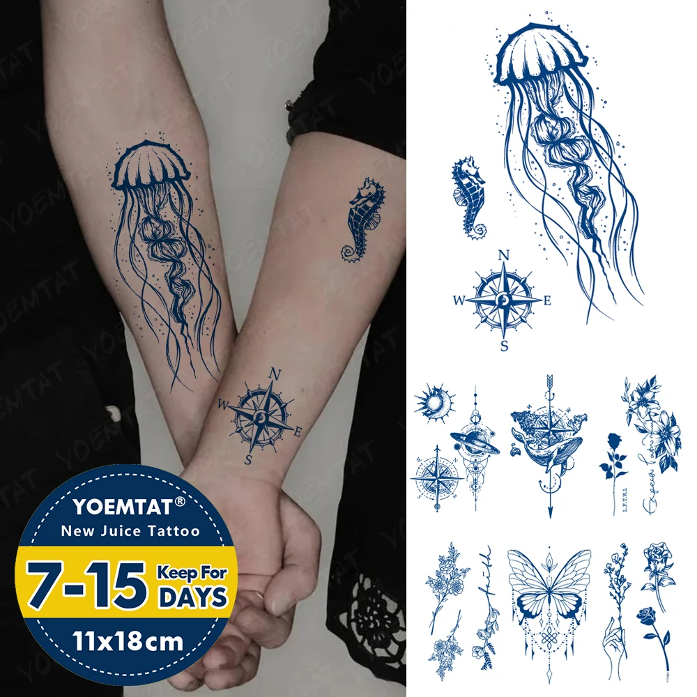 

Semi-Permanent Waterproof Temporary Tattoo Stickers Jellyfish Compass Ocean Juice Lasting Ink Tatto Body Art Herbal Fake Tattoos