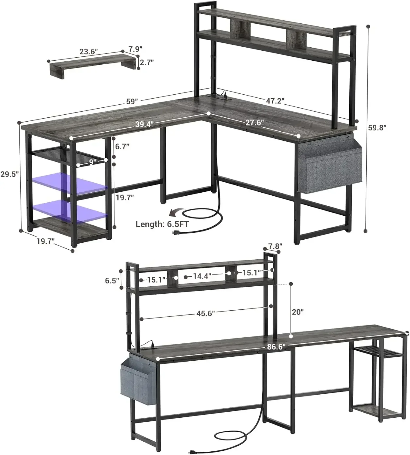 L Shaped Desk with Power Outlet & LED Strip, Reversible L-Shaped Corner Computer Desks Gaming Desk with Storage Shelf