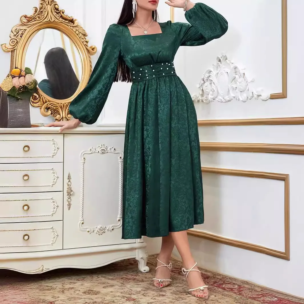 

Saudi Arabic Eid Evening Party Dresses for Women Dubai Turkey Abaya Ramadan Djellaba Square Neck Muslim Kaftan Islamic Jalabiya