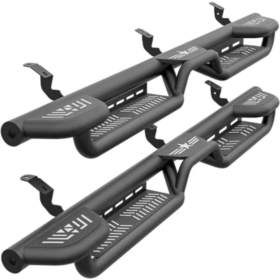 Three Raised Steps CrewMax Cab Running Boards for 2007-2021  Tundra Crew Max Cab Two Stair Design Black Powder Coated Steel Sid