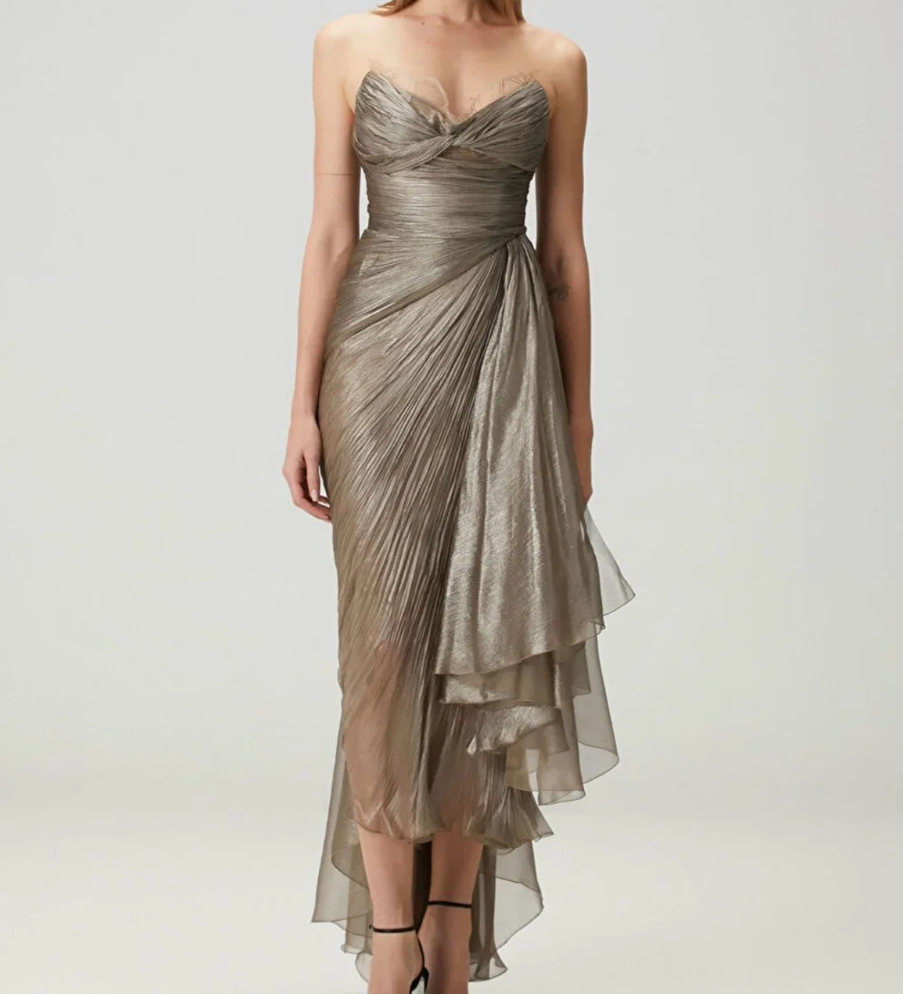 Customized Fashion Exquisite Pleat Ruched Draped Chiffon A-line Strapless  Ankle Length Evening Dresses for Woman