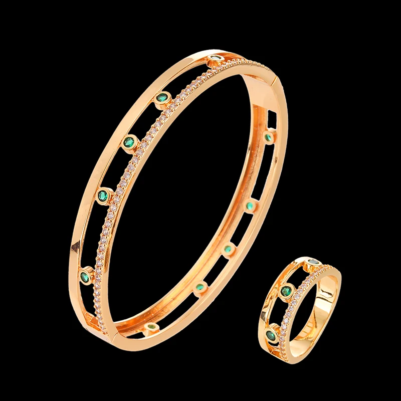 Lanruisha Simple Copper Bangle and Ring Women's Jewelry Set Micro-set Zircon Openwork Classic Trendy Jewelry with 5 Colored St