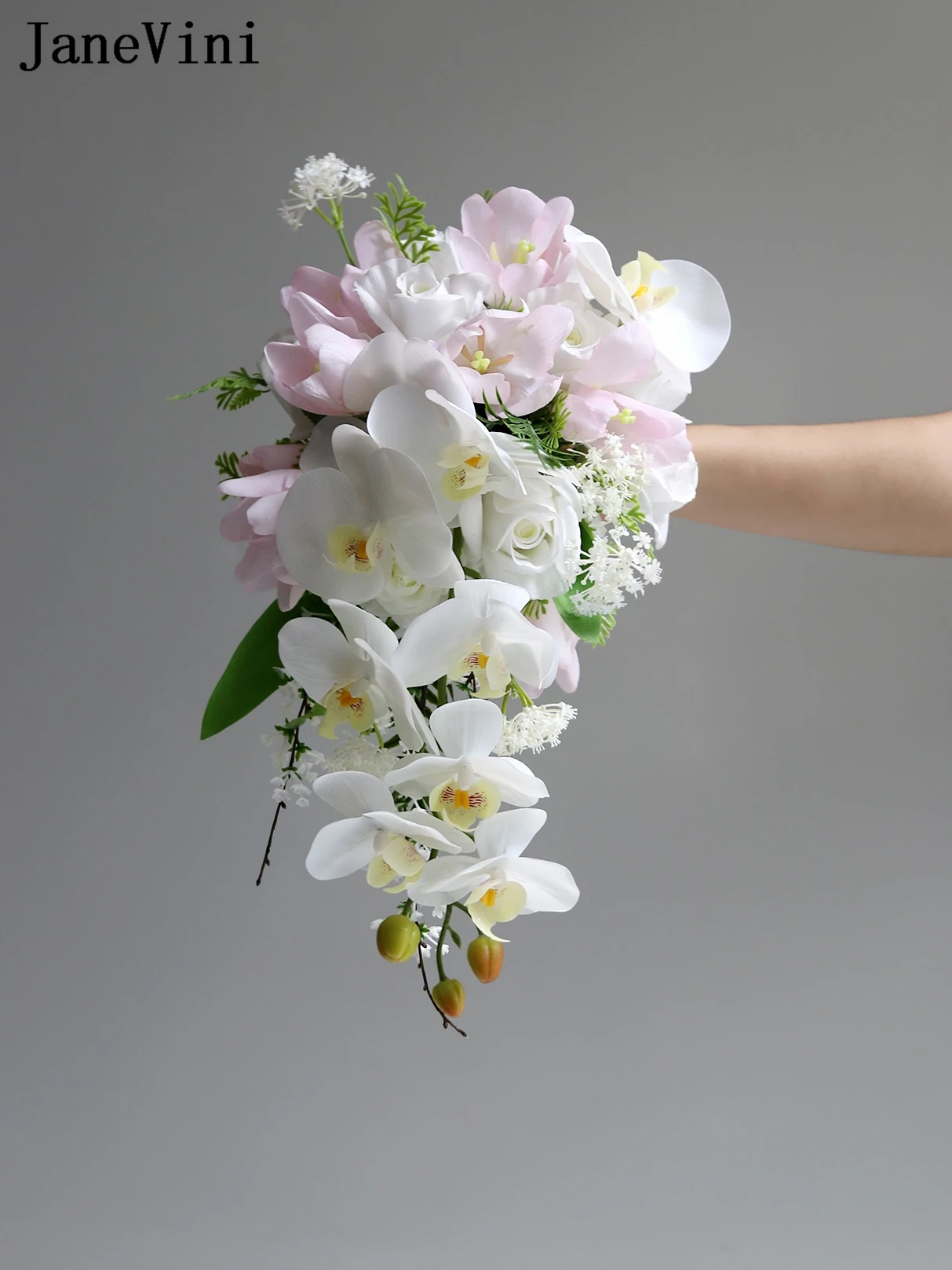 JaneVini Pink and White Waterfall Wedding Bouquets Real Touch Artificial Moth Orchid Cascading Bride Flowers Bridal Bouquet 2023