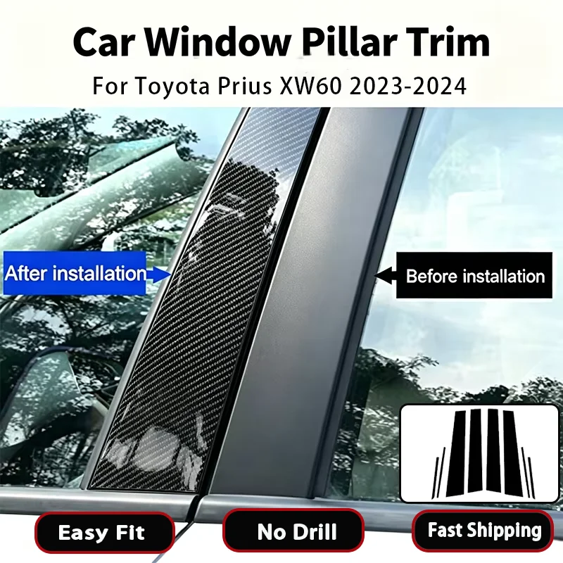 8PCS For Toyota Prius XW60 2023-2024 Glossy Black Carbon Fiber Window Door B C Pillar Post Cover Sticker