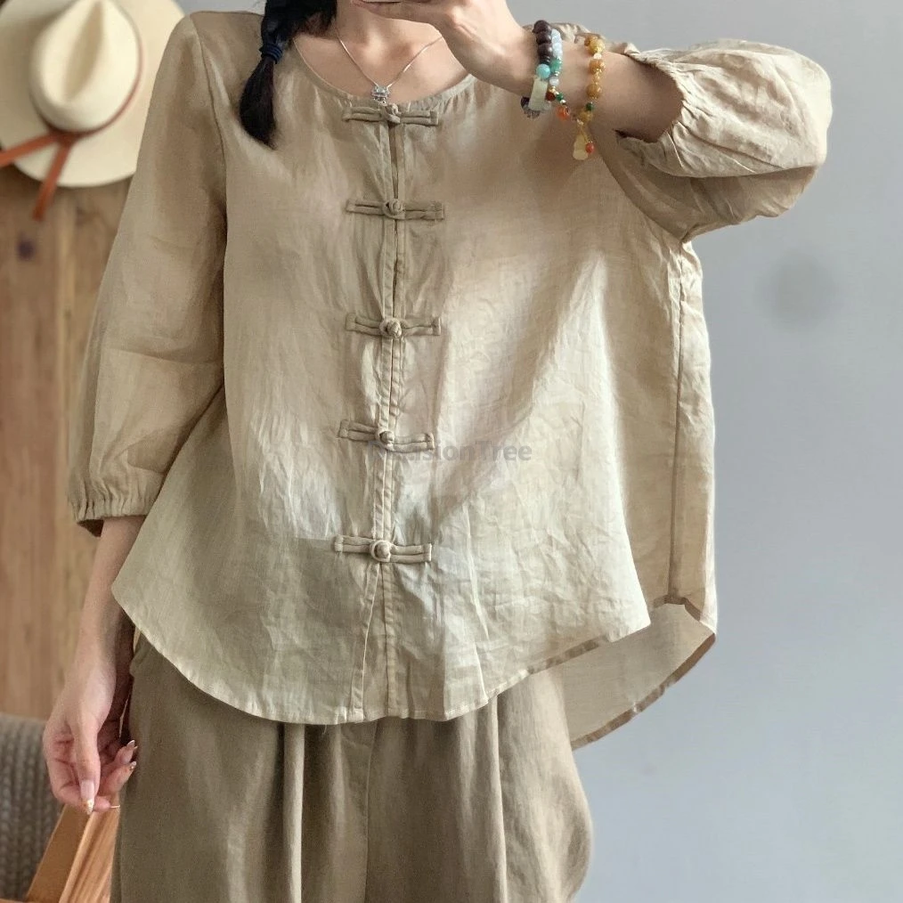 

2025 литературное искусство, ретро, конопляная блузка с короткими рукавами, женская летняя блузка с новым темпераментом, тонкий хлопковый льняной топ, повседневный китайский топ