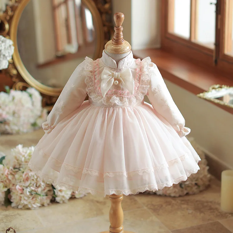 New Girls Autumn Long Sleeve Princess Ball Gown Children Cute Bow lace Design Birhtday Party Dress y1383