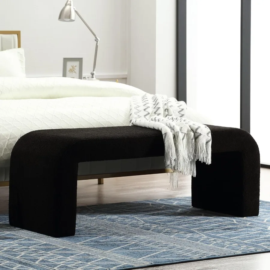 

49,5-дюймовая черная скамейка из искусственного меха, удобная мягкая скамейка из ткани букле Тедди, конец кровати, пуфик для спальни, гостиной, прихожей, Bla