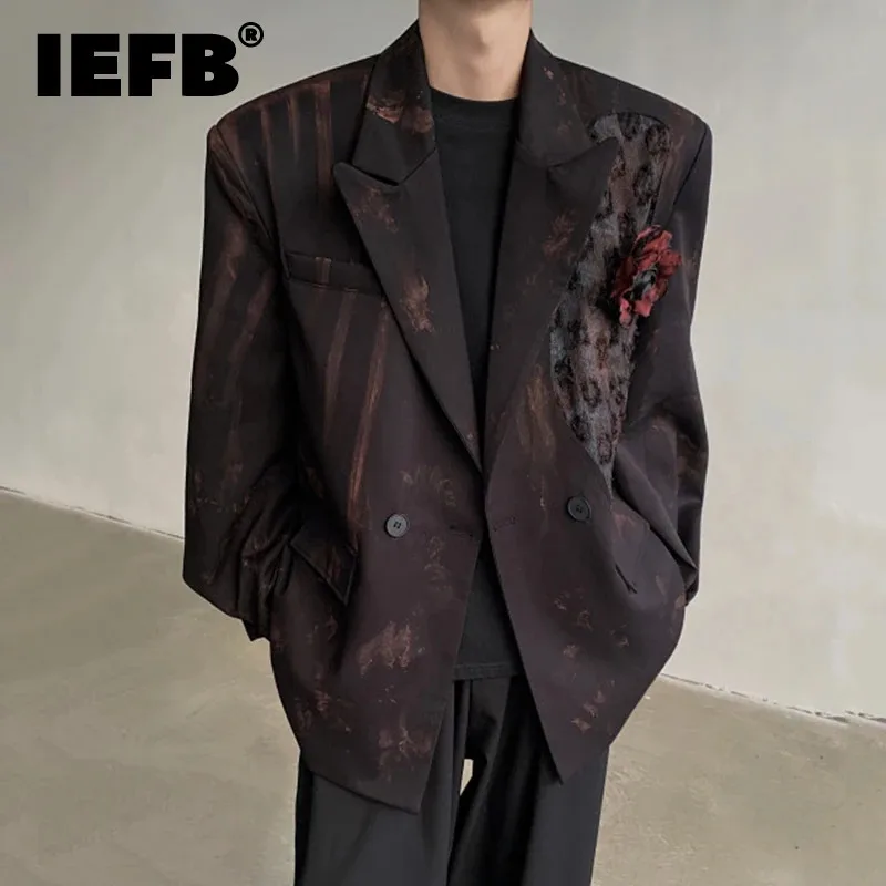 IEFB Niche Design Men's Blazerts สามมิติการออกแบบกลีบ Tie-DYE Patchwork Double Breasted Casual ชายชุดฤดูใบไม้ร่วง 9C8620