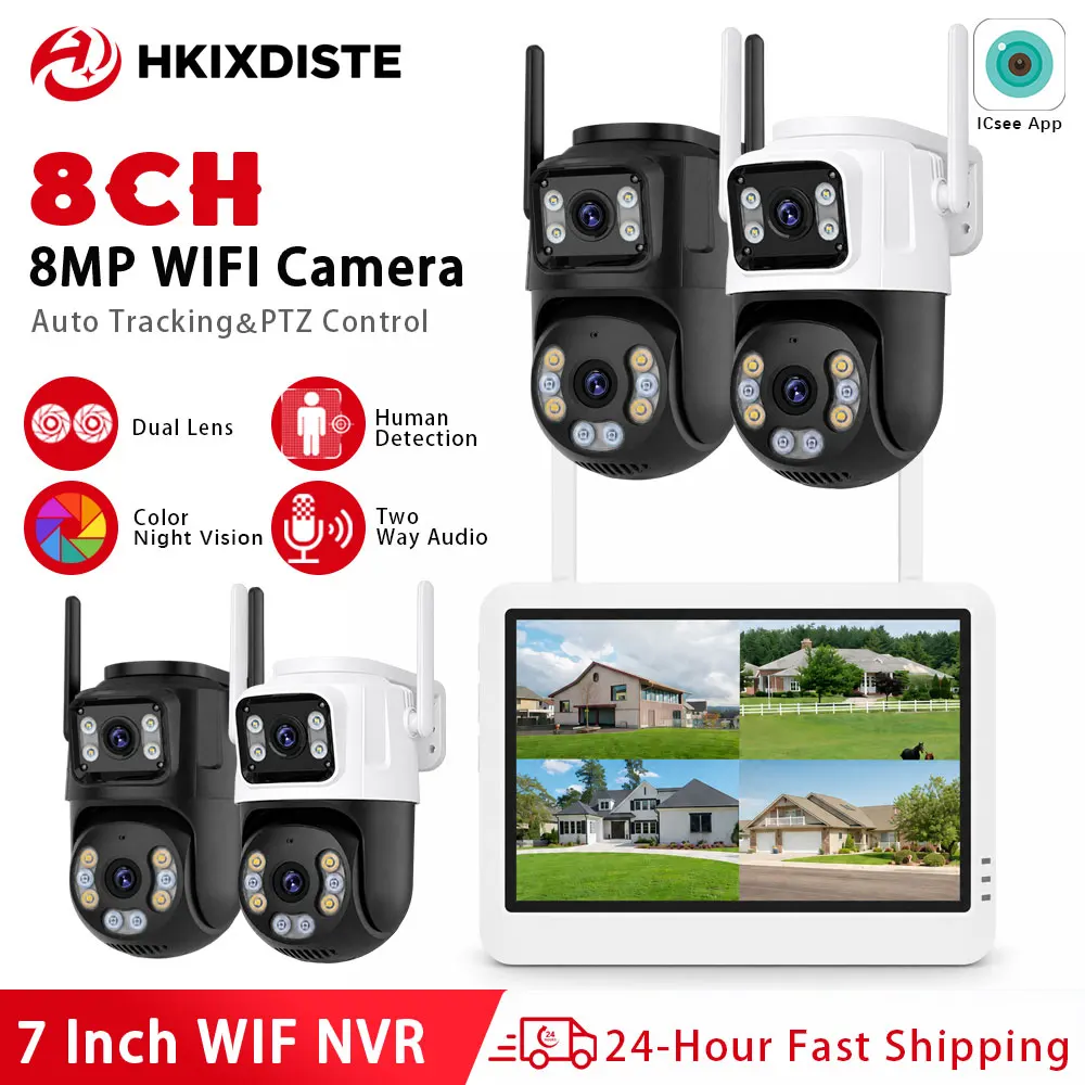 Mini WiFi Wireless 7Inch LCD Screen NVR 8CH H.265 Recorder Surveillance Camera Outdoor WIFI System Support AI Detect XMEYE/iCSEE