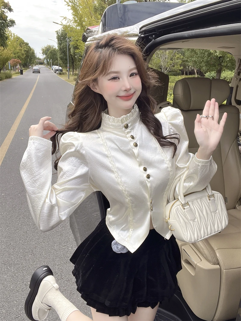 Autumn Winter Fragrant Style Palace Style Bubble Sleeve Standing Collar Satin Shirt Ladies Blouse