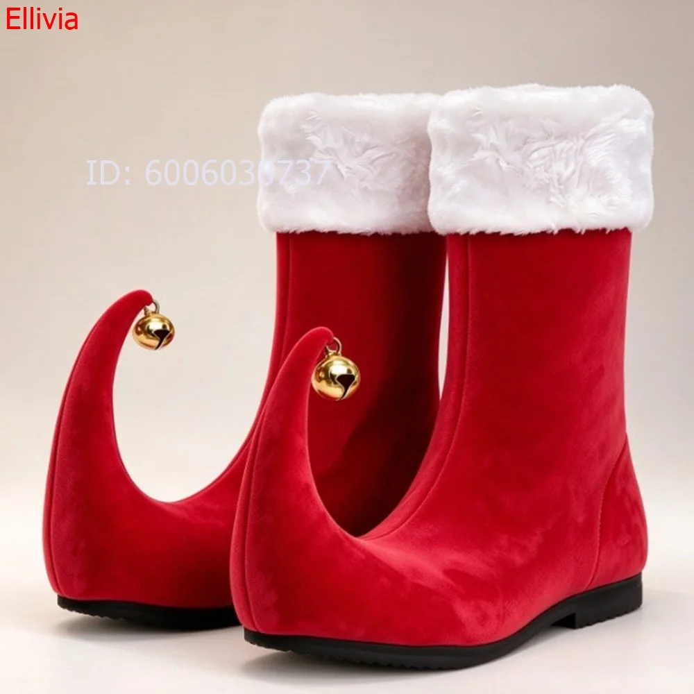 Women Christmas Ankle Boots Red Velvet White Faux Fur Cuff Bell Decor Pointed Curved Toe Cosplay Party Costume Boots