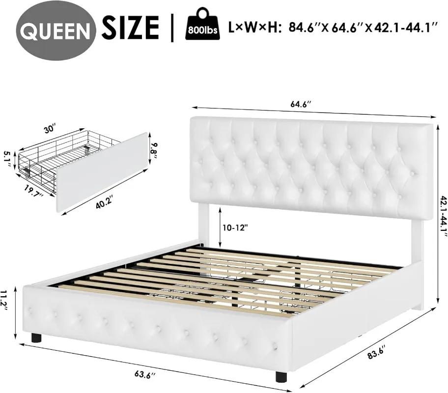 Modern Upholstered Bed Frame with 4 Drawers Button Tufted Headboard Design Solid Wooden Slat Support Easy Assembly White