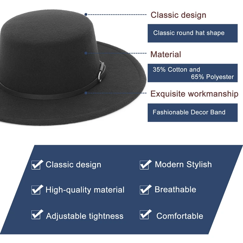 Elegant Wide Brim Fedora Hat for Women Men Flat Top Boater Hat Belt Buckle Fedoras Church Panama Hats
