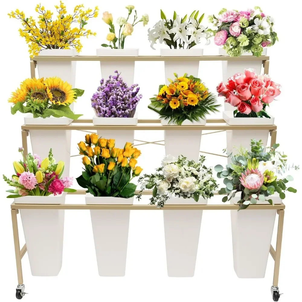 3 Layers Metal Plant Stand,Flower Display Stand with 12Pcs Buckets,Moving Florist Bouquet Shelf for Fresh Flower Shop