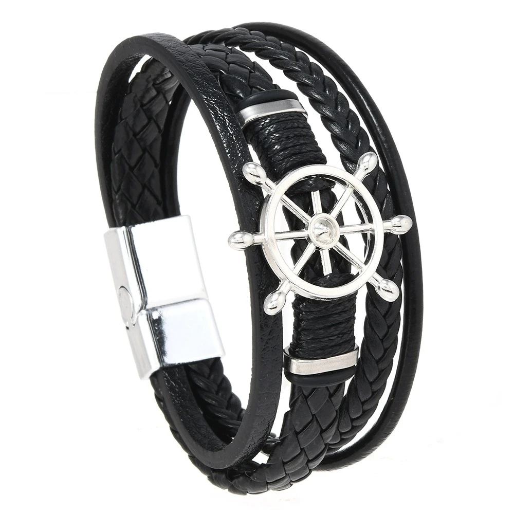 Vintage Jewelry Multilayer Braided Leather Bracelet with Ship Wheel Charm Magnetic Buckle For Men New