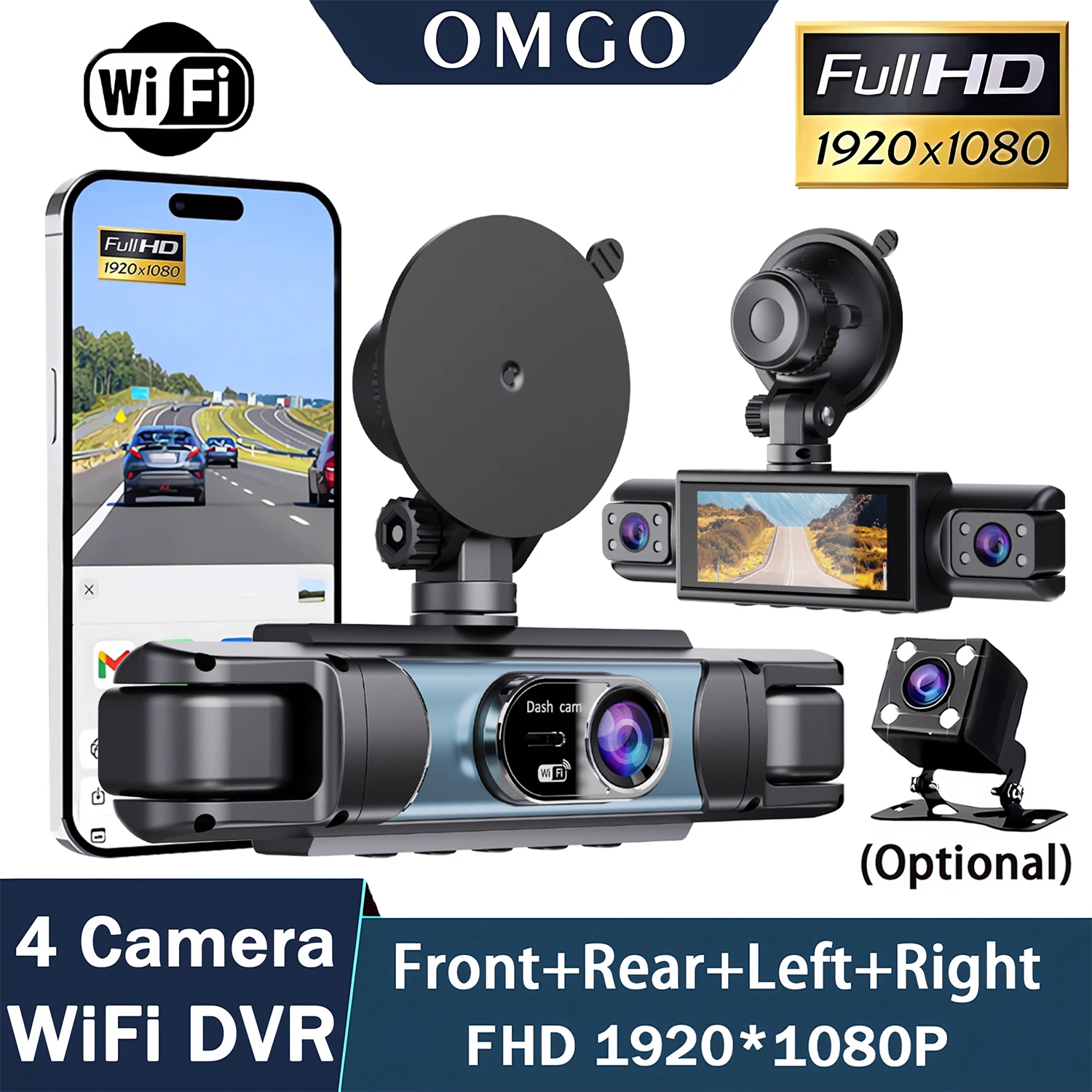 

4-канальный 360-градусный видеорегистратор для автомобилей FHD 1080P с Wi-Fi и приложением, 4 объективами, видеорегистратор с камерами заднего вида